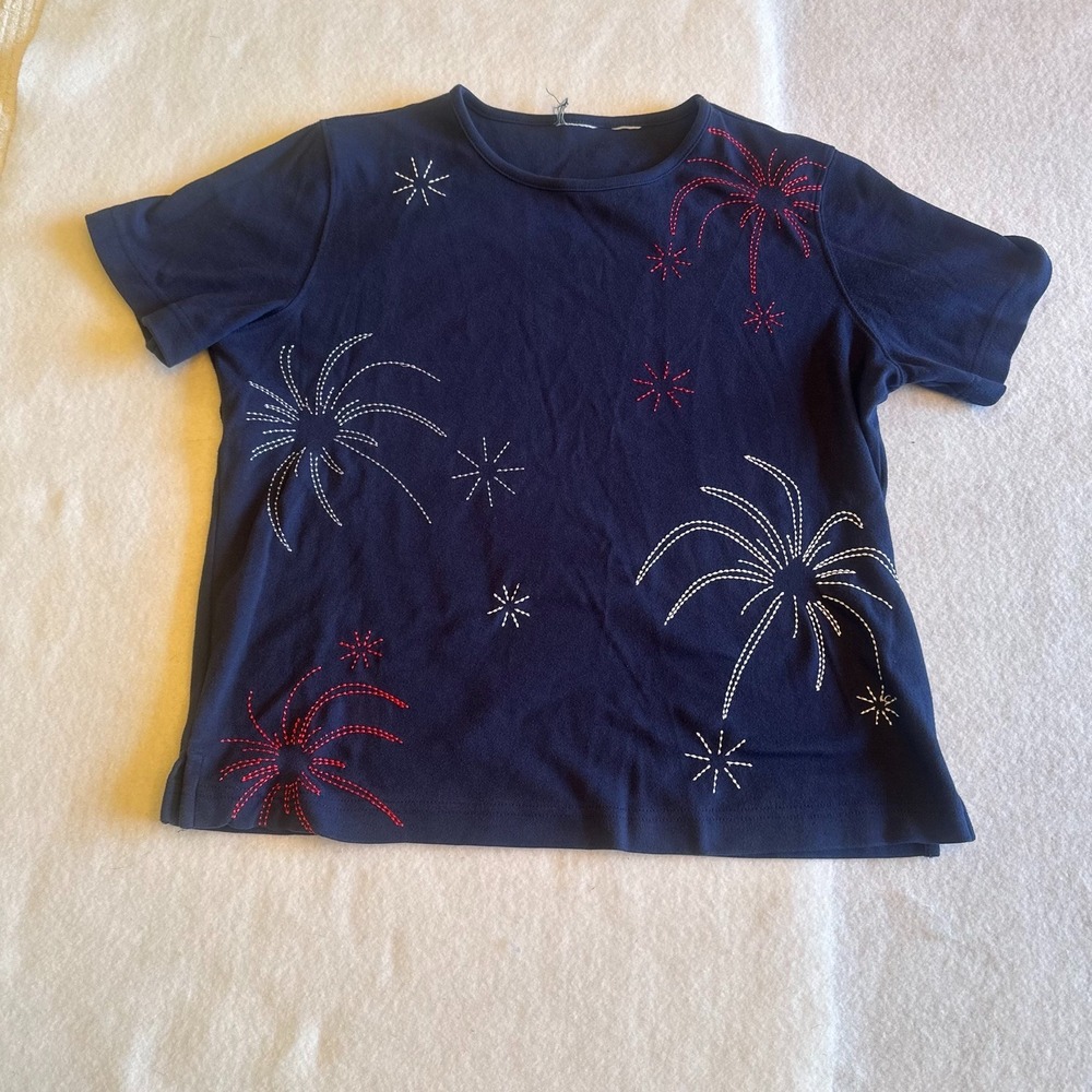 Vintage Womens Shirt Medium M Navy Blue Fireworks Embroidered Patriotic Tee